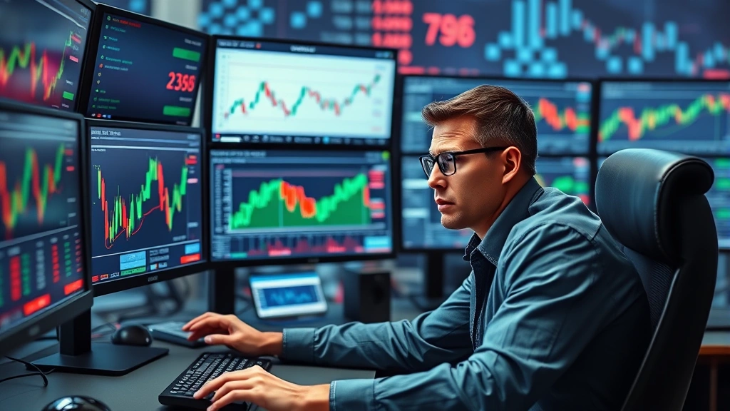 Photorealistic image of a cryptocurrency trader analyzing charts on multiple monitors during market volatility, showing concerned expression, modern trading desk setup with blockchain-themed background elements, no text or numbers visible