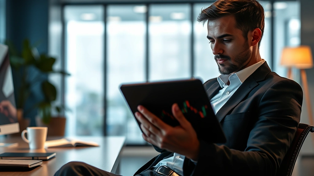 Photorealistic image of a investor reviewing portfolio performance on a tablet device with candlestick chart patterns visible but blurred, sitting in a modern office with cryptocurrency-related ambient lighting, contemplative expression