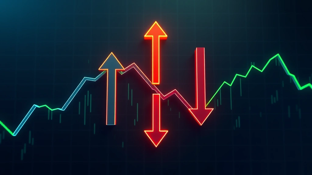 Digital abstract visualization of inverse relationship between Bitcoin price charts moving upward and downward arrows simultaneously, modern cryptocurrency trading interface aesthetic, photorealistic 3D elements, dark blue and neon green color scheme