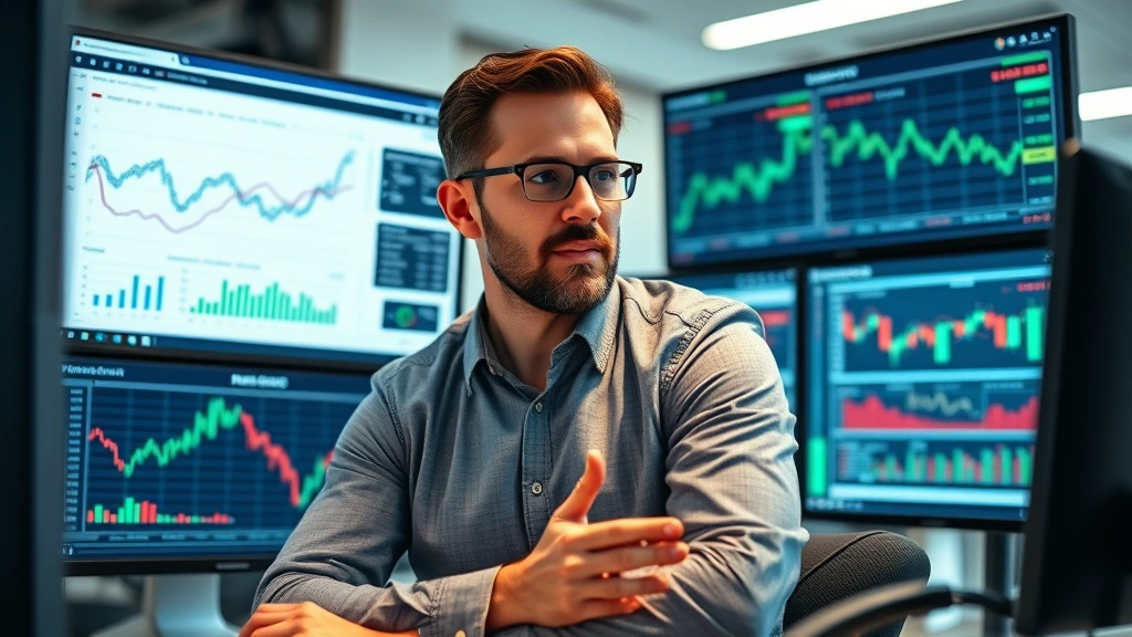 Professional investor analyzing portfolio on multiple monitors displaying financial data, cryptocurrency market segments, and risk assessment dashboards, modern office environment, focused expression, photorealistic lighting