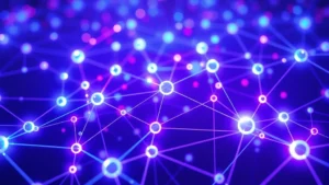 Futuristic blockchain network visualization with interconnected nodes glowing in blue and purple, representing distributed cryptocurrency infrastructure and cross-chain bridges