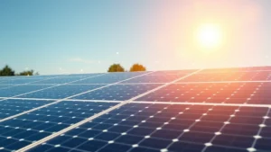 Photorealistic image of a solar panel array under bright sunlight with blockchain network nodes visualized as glowing interconnected points in the background, representing sustainable cryptocurrency technology