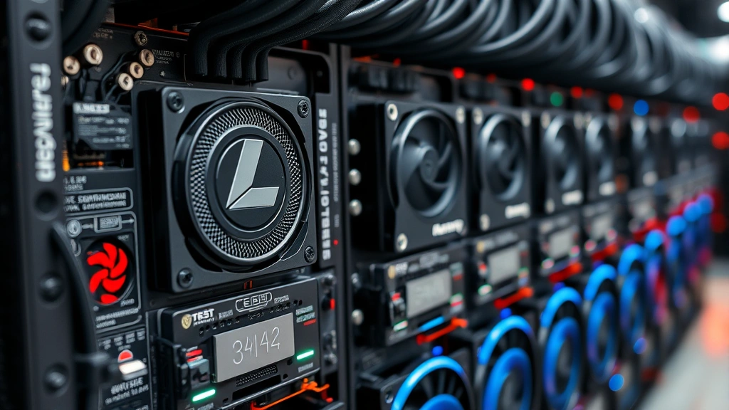 Close-up of cryptocurrency mining hardware with advanced processors and cooling systems, showcasing technical infrastructure supporting blockchain networks