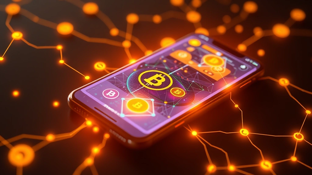 Photorealistic image of a futuristic digital wallet interface displayed on a smartphone screen with cryptocurrency tokens flowing through glowing network pathways, symbolizing Bitcoin Solaris transactions