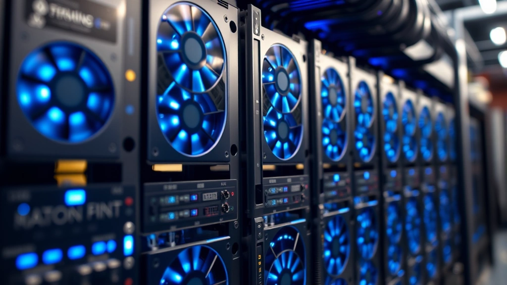 Close-up of advanced ASIC mining hardware with blue LED lights running, cryptocurrency mining rig in industrial facility setting, photorealistic detail, no labels or screen displays