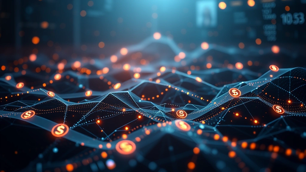 Abstract digital landscape featuring holographic crypto symbols and data streams flowing across a dark technological background representing blockchain transactions