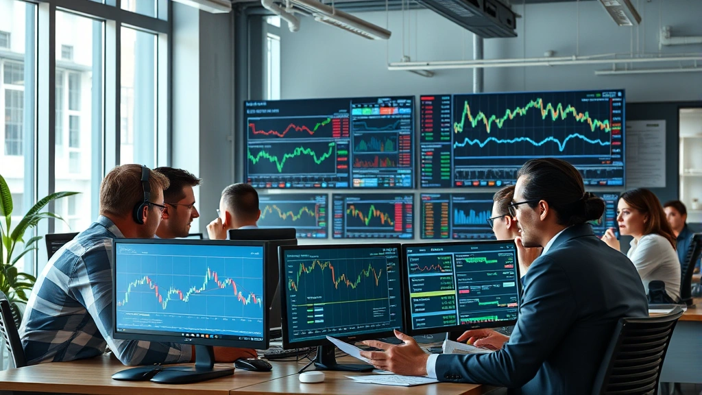 Photorealistic image of a diverse group of cryptocurrency investors analyzing market data on multiple screens in a modern office setting, representing portfolio diversification and informed investment decisions