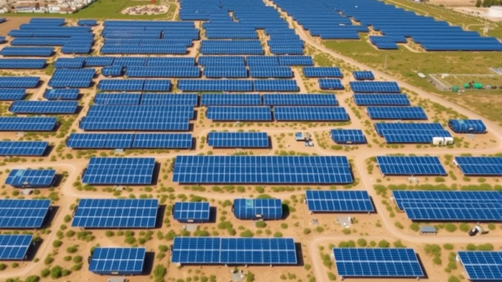 Aerial view of large-scale solar farm with mining containers integrated throughout, renewable energy infrastructure sprawling across terrain, photorealistic drone perspective, bright daylight, no visible text