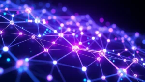Photorealistic image of a glowing blockchain network visualization with interconnected nodes and digital pathways, representing cryptocurrency technology infrastructure and decentralized systems, modern tech aesthetic with blue and purple lighting, no text or labels visible