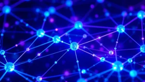 Photorealistic image of a blockchain network visualization with interconnected nodes glowing in blue and purple light, showing data transmission and cryptocurrency transactions flowing through the network infrastructure, no text or charts visible