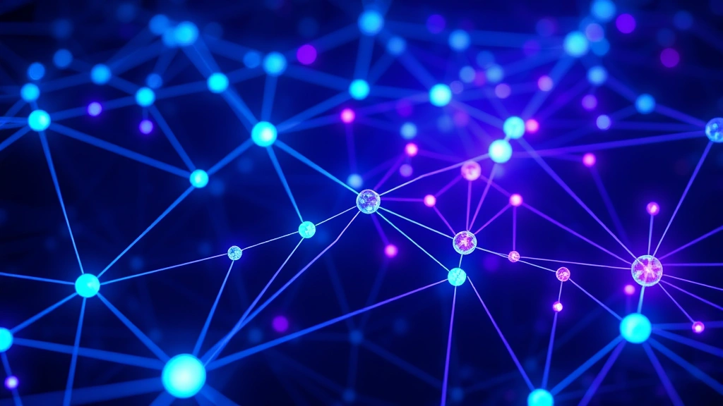 Photorealistic image of a blockchain network visualization with interconnected nodes glowing in blue and purple, representing cryptocurrency technology infrastructure, no text or labels
