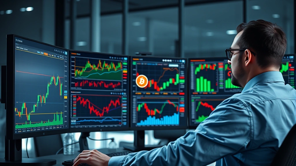 Photorealistic image of a trader analyzing cryptocurrency market data on multiple monitors displaying Bitcoin and altcoin charts, professional trading desk setup with modern lighting, no text or ticker symbols visible