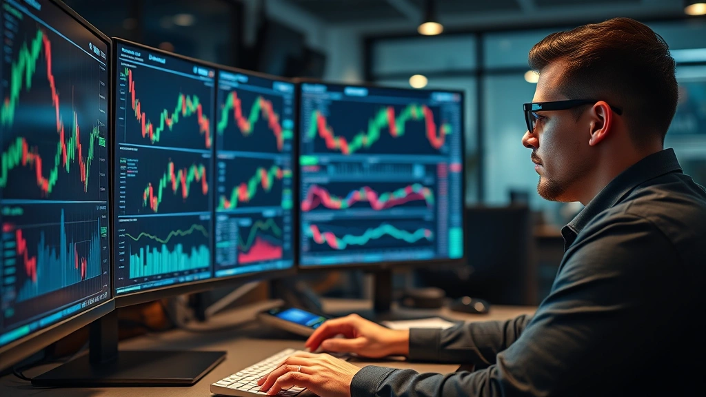 Photorealistic photograph of a professional cryptocurrency trader analyzing market data on multiple high-resolution monitors displaying price charts and market indicators, modern trading room environment with ambient lighting, focused on the analytical process rather than specific numbers