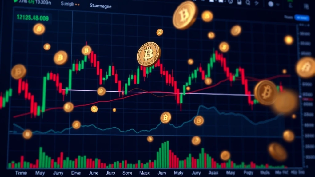 Realistic cryptocurrency trading dashboard showing candlestick charts and market data with abstract digital currency coins floating in cyberspace, professional financial analysis environment, no readable text or ticker symbols