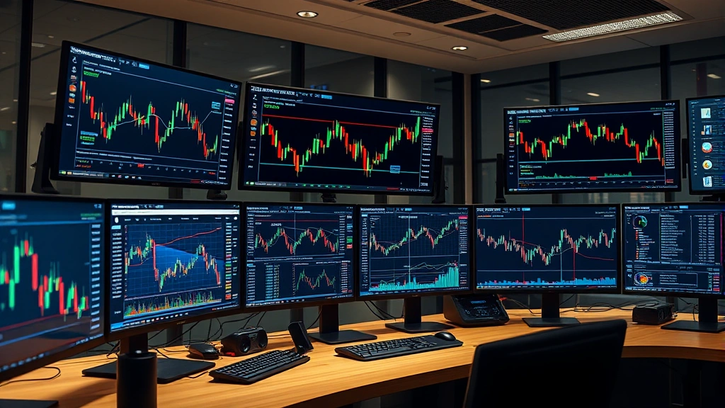 Photorealistic image of a cryptocurrency trading desk with multiple monitors displaying candlestick charts and market data in a professional environment, no text visible on screens