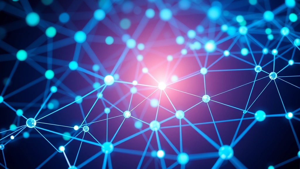 Detailed photograph of blockchain network visualization with interconnected nodes glowing in blue and green, representing cryptocurrency network security and distributed ledger technology, no text or code visible