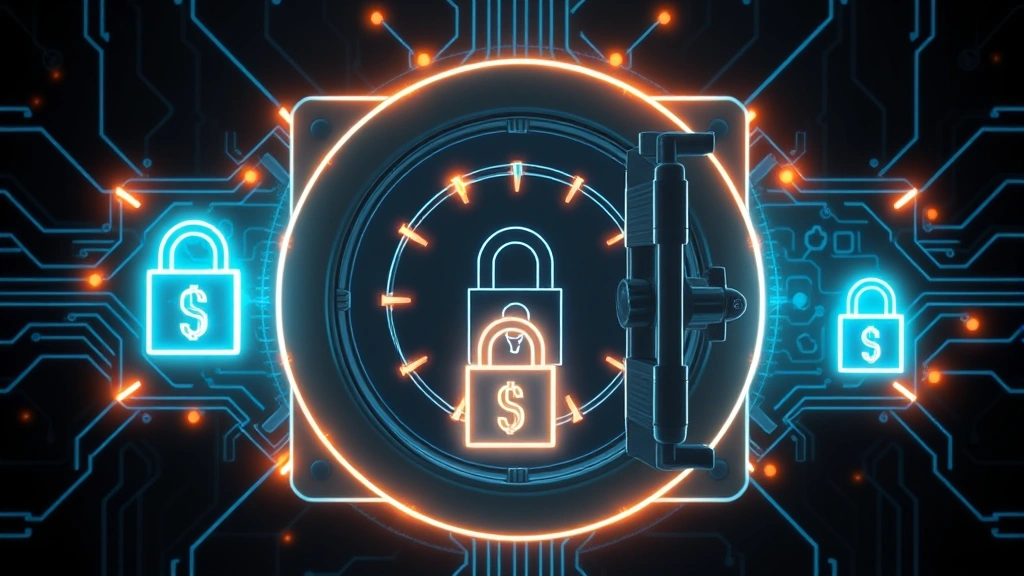 Photorealistic image of a secure digital vault or blockchain security concept with cryptographic elements, representing cryptocurrency security and asset protection, featuring glowing digital locks and network connections, modern cybersecurity aesthetic with no readable text