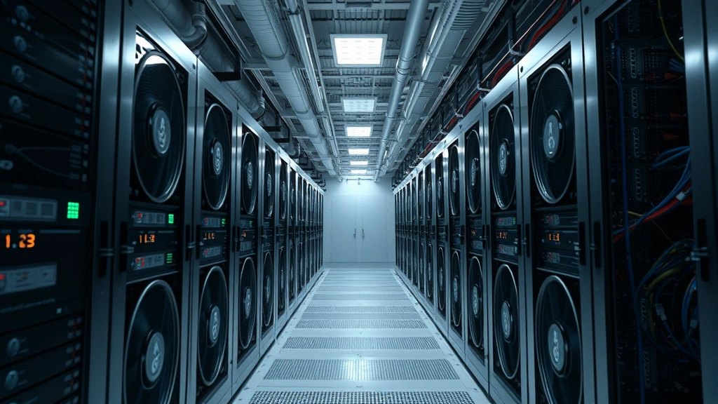 Realistic image of cryptocurrency mining operation with ASIC miners in operation, cooling systems visible, professional data center environment with proper ventilation, no identifying text or model numbers