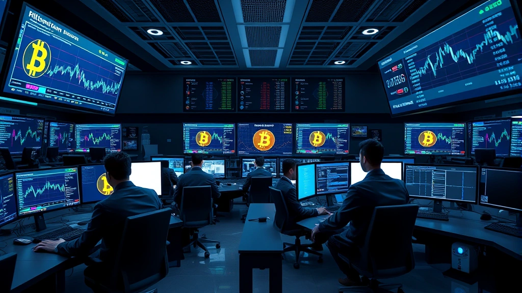 Photorealistic image of a modern cryptocurrency trading floor with multiple monitors displaying blockchain data, professional traders in business attire analyzing Bitcoin charts, sleek office environment with blue and green holographic displays, no text or numbers visible