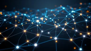 Futuristic blockchain visualization showing interconnected nodes and data flowing through a network of light paths against a dark background, representing Bitcoin's decentralized infrastructure and technological legitimacy