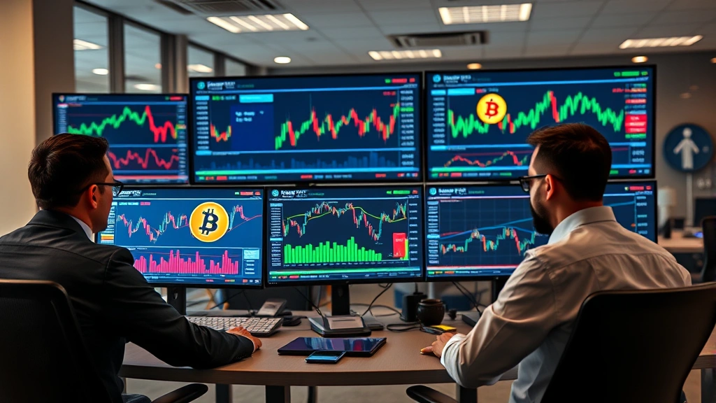 Modern office environment with professionals analyzing Bitcoin charts and market data on multiple screens, symbolizing institutional adoption and mainstream financial integration of cryptocurrency