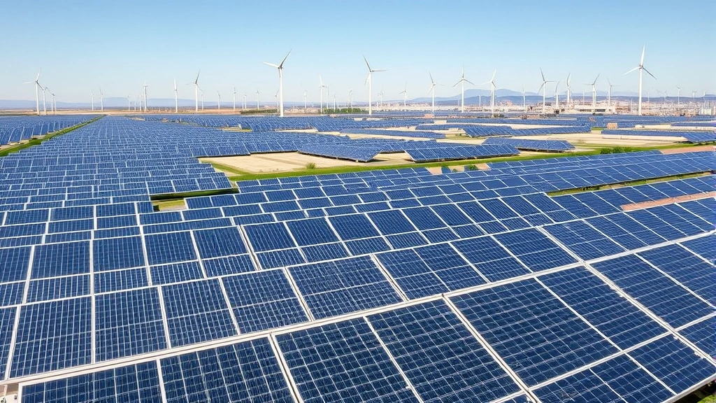 Solar panels and wind turbines in a vast renewable energy farm with cryptocurrency mining equipment visible in the distance, illustrating the connection between Bitcoin mining and clean energy development