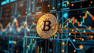 Modern cryptocurrency exchange trading interface with Bitcoin and blockchain technology visualization, showing secure digital asset management systems with advanced encryption security features protecting financial transactions