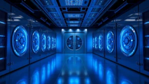 A modern cryptocurrency exchange server room with secure vault doors, blue LED lighting reflecting off metal surfaces, symbolizing digital asset security infrastructure and blockchain technology storage systems