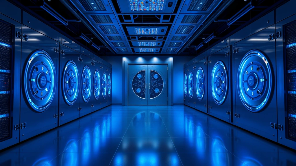 A modern cryptocurrency exchange server room with secure vault doors, blue LED lighting reflecting off metal surfaces, symbolizing digital asset security infrastructure and blockchain technology storage systems