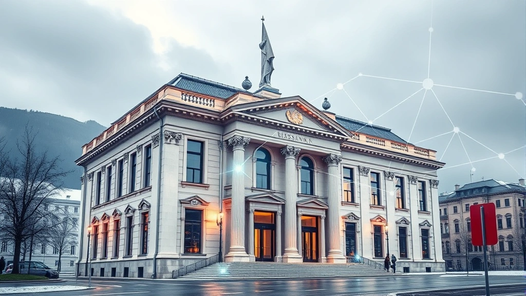 Swiss banking headquarters building with blockchain network visualization, representing the intersection of traditional finance and cryptocurrency services with regulatory compliance and financial infrastructure