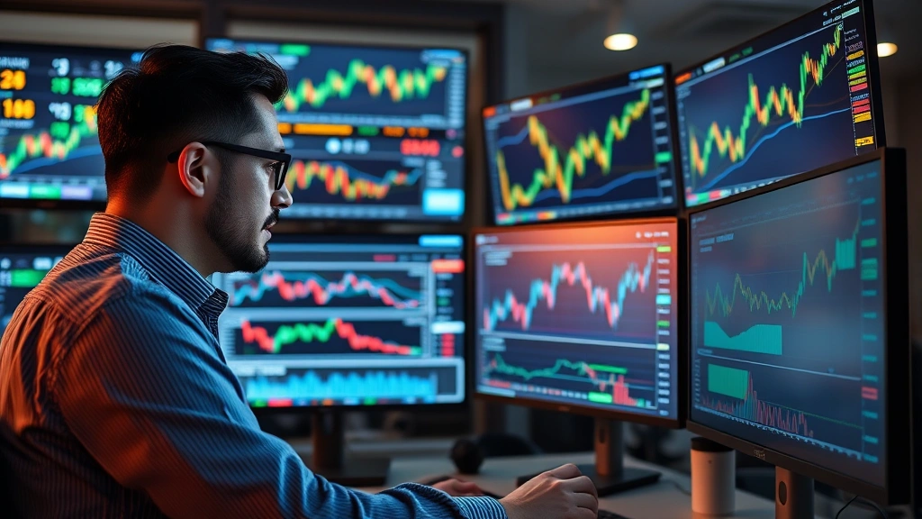 A professional businessman analyzing cryptocurrency charts on multiple monitors in a high-tech trading office, showing market analysis, risk assessment dashboards, and financial data visualization