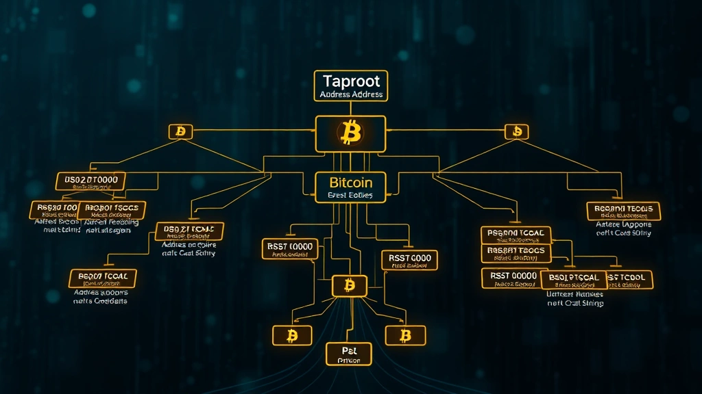 Photorealistic illustration of Bitcoin taproot address structure and key tree architecture, showing hierarchical branching patterns with glowing nodes representing spending conditions, cybersecurity aesthetic, no text