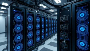 Professional cryptocurrency mining operation with GPU rigs and blue circuit board patterns, photorealistic lighting, no text or labels, clean technical environment with cables and cooling systems