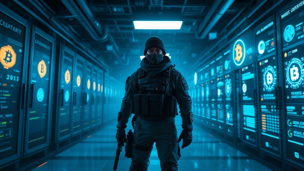 Player character in tactical gear standing in futuristic underground server room with glowing cryptocurrency symbols and digital interfaces, atmospheric blue lighting, no UI elements or readable text