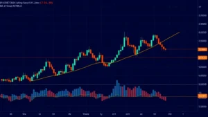 Bitcoin candlestick chart with moving averages and Bollinger Bands, showing price action and technical support levels, professional trading interface style with blue and orange colors, no text or ticker symbols