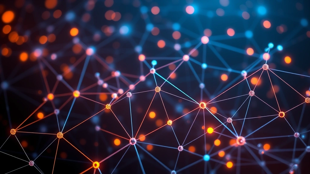 Blockchain network visualization with interconnected nodes representing Bitcoin transactions and distributed ledger technology, abstract digital cryptocurrency background with glowing elements