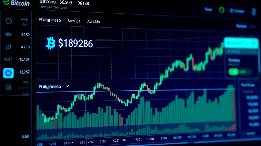 Modern cryptocurrency trading dashboard displaying Bitcoin price charts and Philippine peso currency symbols, digital financial interface with glowing blue and green data visualization, clean professional design showing real-time market data