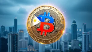 Digital Bitcoin coin with Philippine flag integrated into design, holographic effect, floating above modern cityscape of Manila with financial district buildings, professional financial photography style, no text or numbers