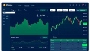 A modern cryptocurrency exchange trading dashboard displaying Bitcoin price charts with Philippine peso values, professional clean interface with green and blue color scheme, digital market data visualization, no text or ticker symbols visible