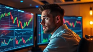 Professional cryptocurrency trader monitoring multiple Bitcoin price charts on high-resolution displays in a modern trading room with ambient lighting, showing real-time market data flowing across screens, focused and concentrated expression
