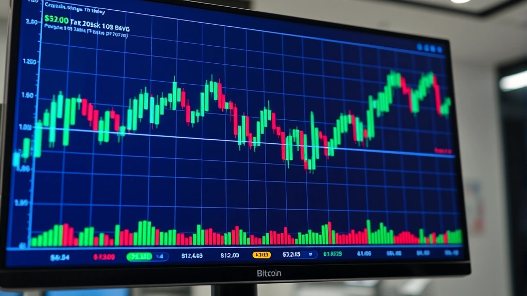 Photorealistic image of a modern cryptocurrency trading interface displaying Bitcoin price charts with Philippine peso symbols, showing upward and downward trends with blue and green candlesticks on a professional digital screen