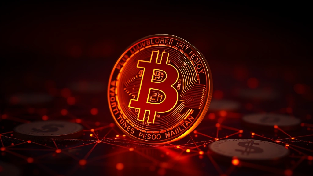 Photorealistic digital representation of Bitcoin coin glowing with warm orange light against a dark background, with Philippine peso currency symbols subtly visible, blockchain network nodes in soft focus, professional cryptocurrency trading visualization