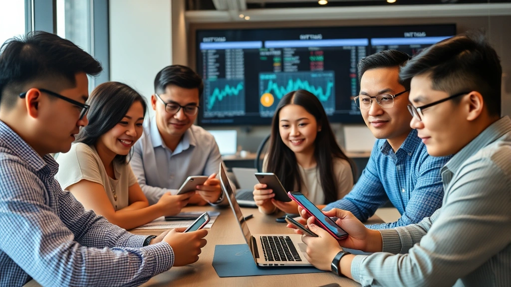 Diverse group of Filipino investors monitoring Bitcoin portfolio on smartphones and laptops in contemporary office setting, digital financial technology environment with cryptocurrency market data visible, professional and confident atmosphere
