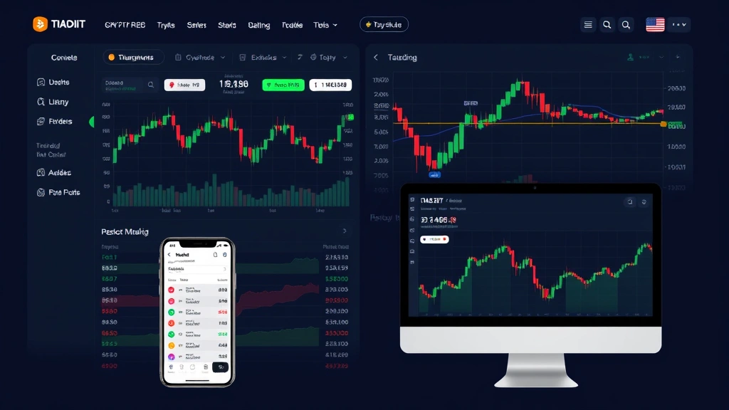 Cryptocurrency trading dashboard showing market data, candlestick patterns, and exchange interface with mobile and desktop screens, clean modern design, no readable text or numbers
