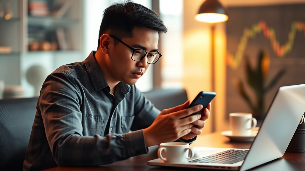 Filipino investor reviewing Bitcoin portfolio on mobile phone and laptop, sitting at desk with coffee, warm professional lighting, focused expression analyzing digital assets, cryptocurrency ecosystem background elements subtly visible
