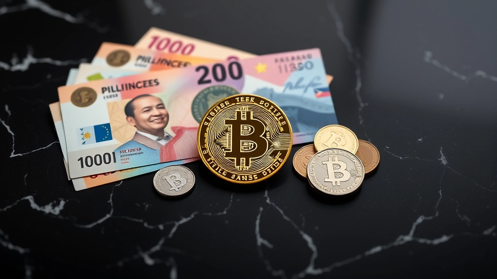 A physical Bitcoin coin positioned next to Philippine peso banknotes and coins on a dark marble surface with subtle reflections, showing the contrast between digital and fiat currency, professional product photography lighting, macro photography style, sharp focus on both assets