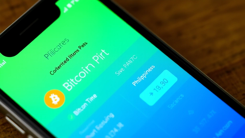 Detailed close-up of a smartphone displaying a cryptocurrency exchange app with Philippine Peso conversion interface, showing real-time Bitcoin to PHP rates, clean modern app design with green and blue color scheme