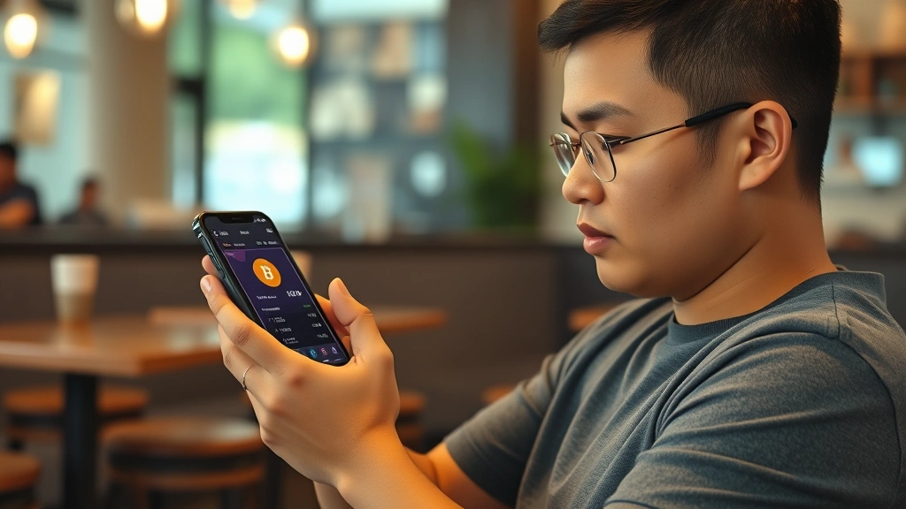 Photorealistic photograph of a Filipino person using a smartphone to check Bitcoin prices on a mobile app, sitting in a contemporary cafe with blurred background, showing concentration and engagement with crypto trading