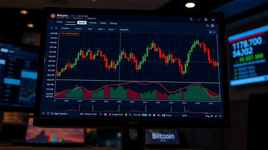 Photorealistic image of a modern cryptocurrency exchange interface displayed on a computer monitor showing Bitcoin trading pairs, candlestick charts with upward and downward movements, Filipino market data visualization, professional fintech environment lighting