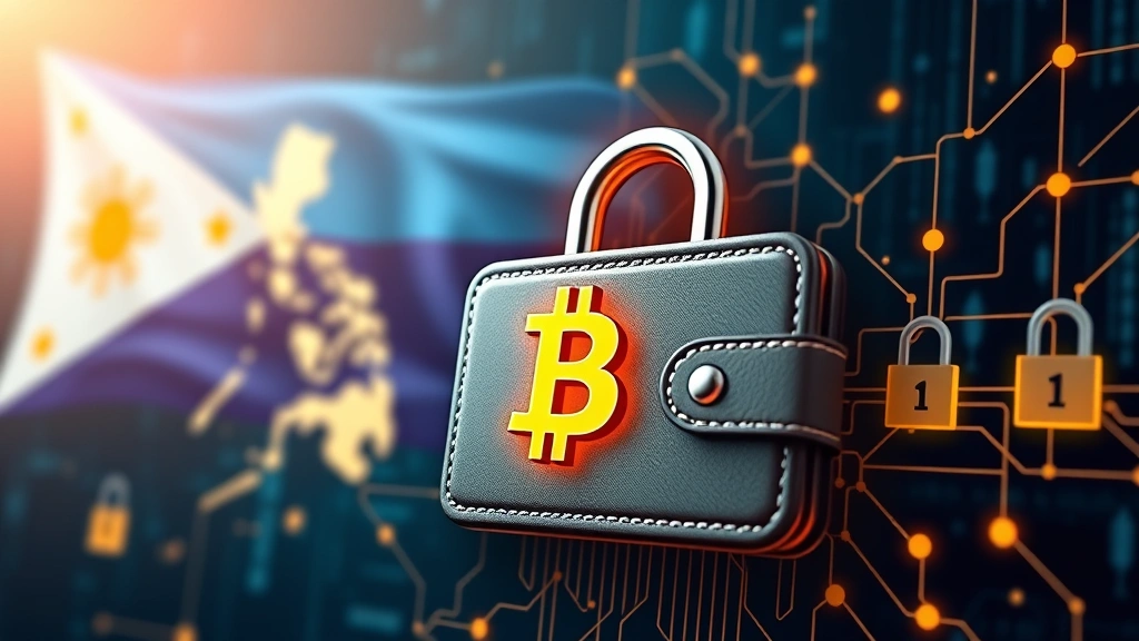 Secure digital wallet interface with Bitcoin symbol and Philippine flag, blockchain network visualization in background, cybersecurity elements like padlocks and encrypted data streams, modern fintech aesthetic with warm lighting